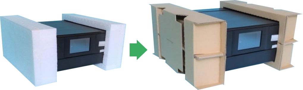 株式会社サンエコーでは、発泡スチロール使用の緩衝材を紙化(段ボール化)します